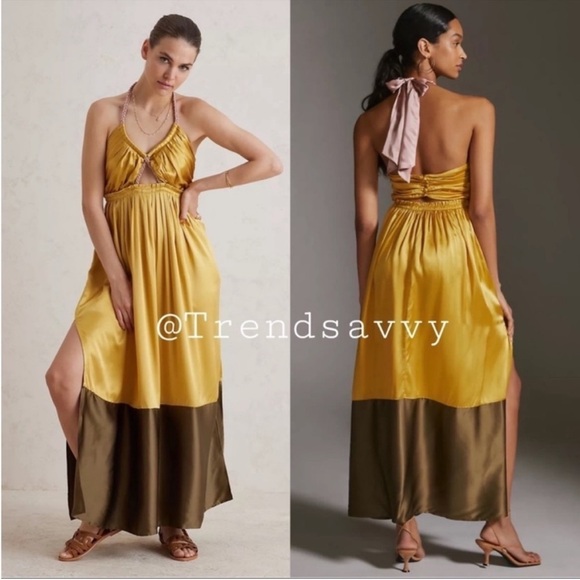 Anthropologie Silk Halter Maxi Dress Gold Olive Colorblock Cutout Size 10  NWT